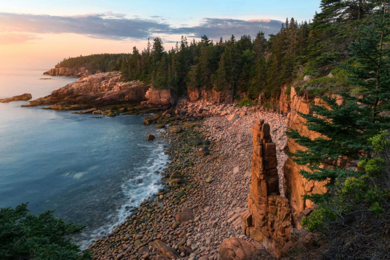 Rocky beach at sunrise in Acadia National Park