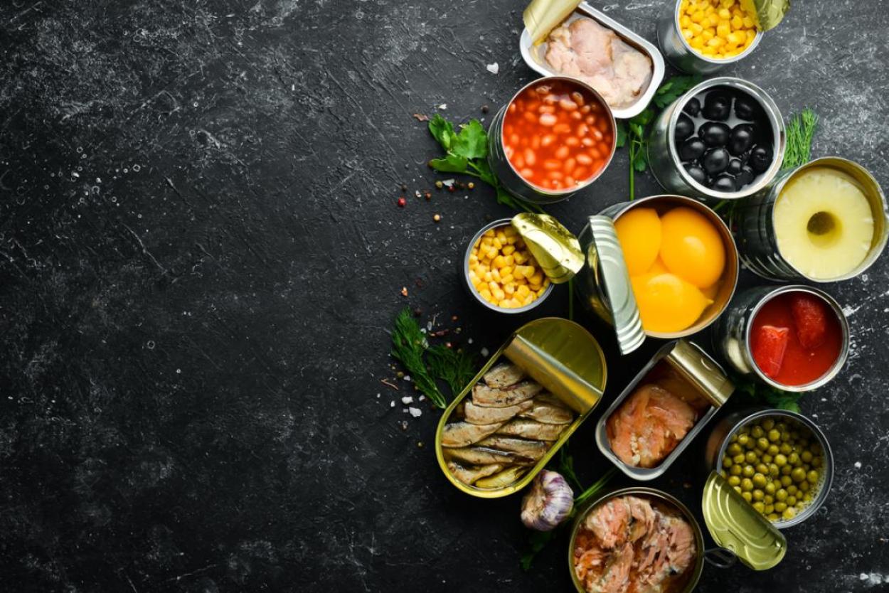 Top-down view of opened canned goods