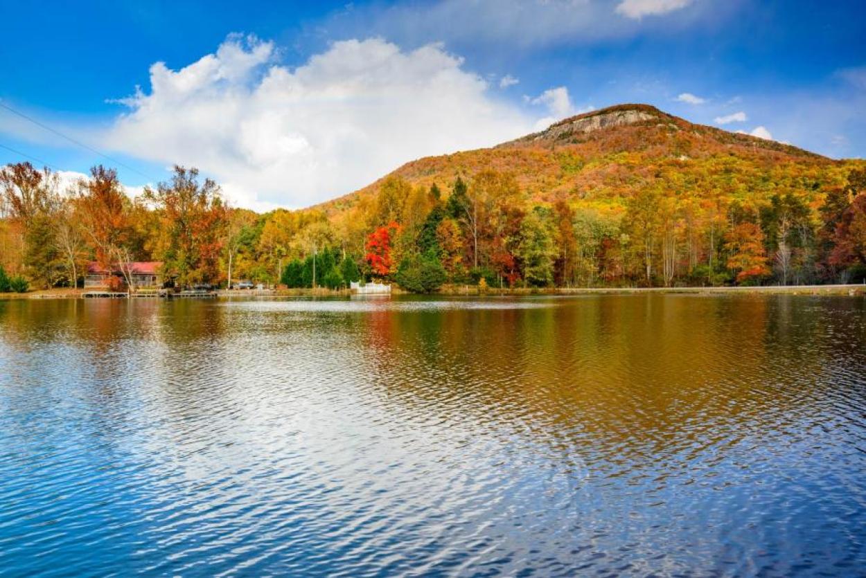 Fall foilage over a lake in Yonah Mountain Campground in Helen, Georgia