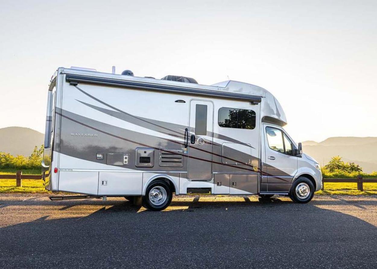 2023 Tiffin Wayfarer parked facing away, with golden hour light behind it