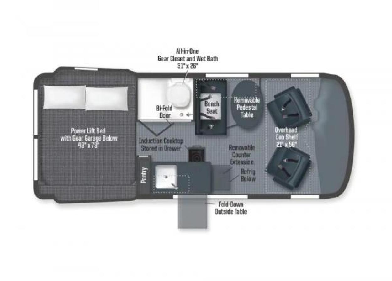 Overview of the floorplan of the Winnebago Revel 44E