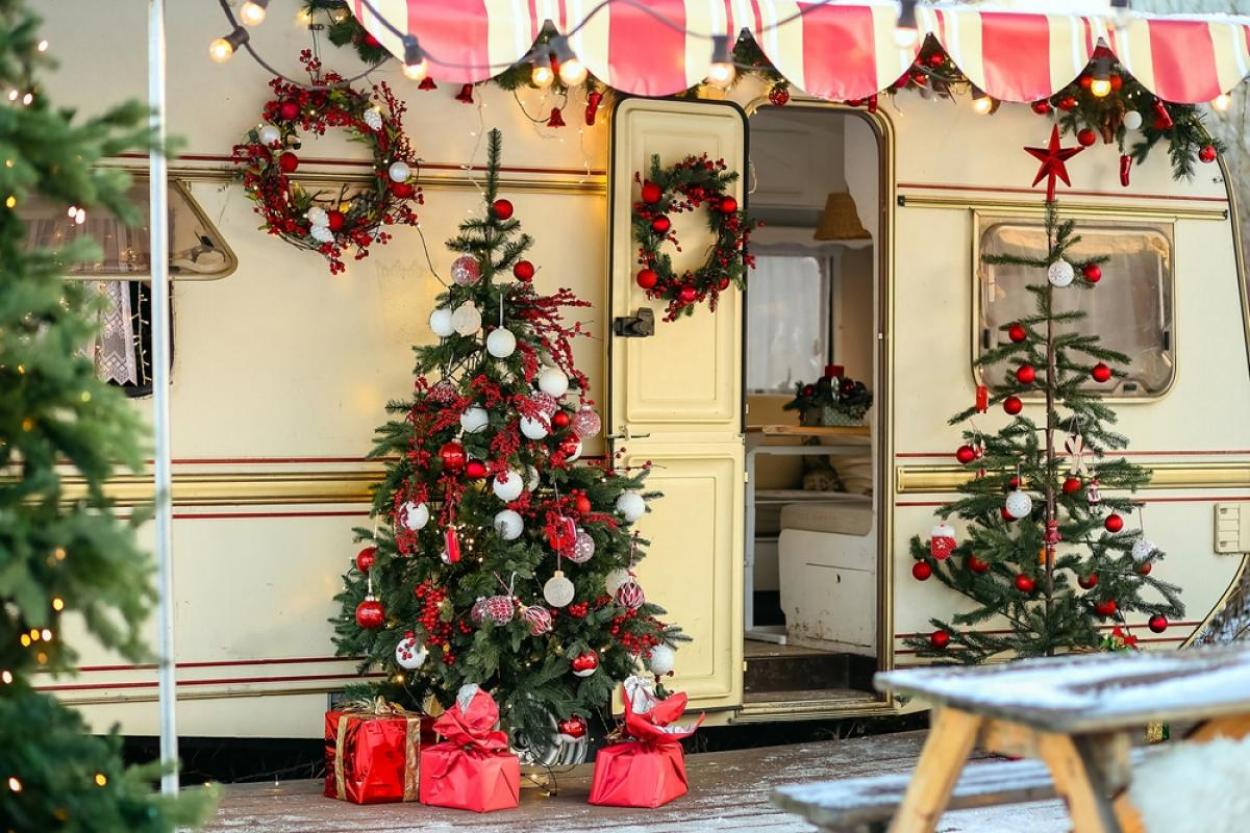 Christmas trees outside an RV