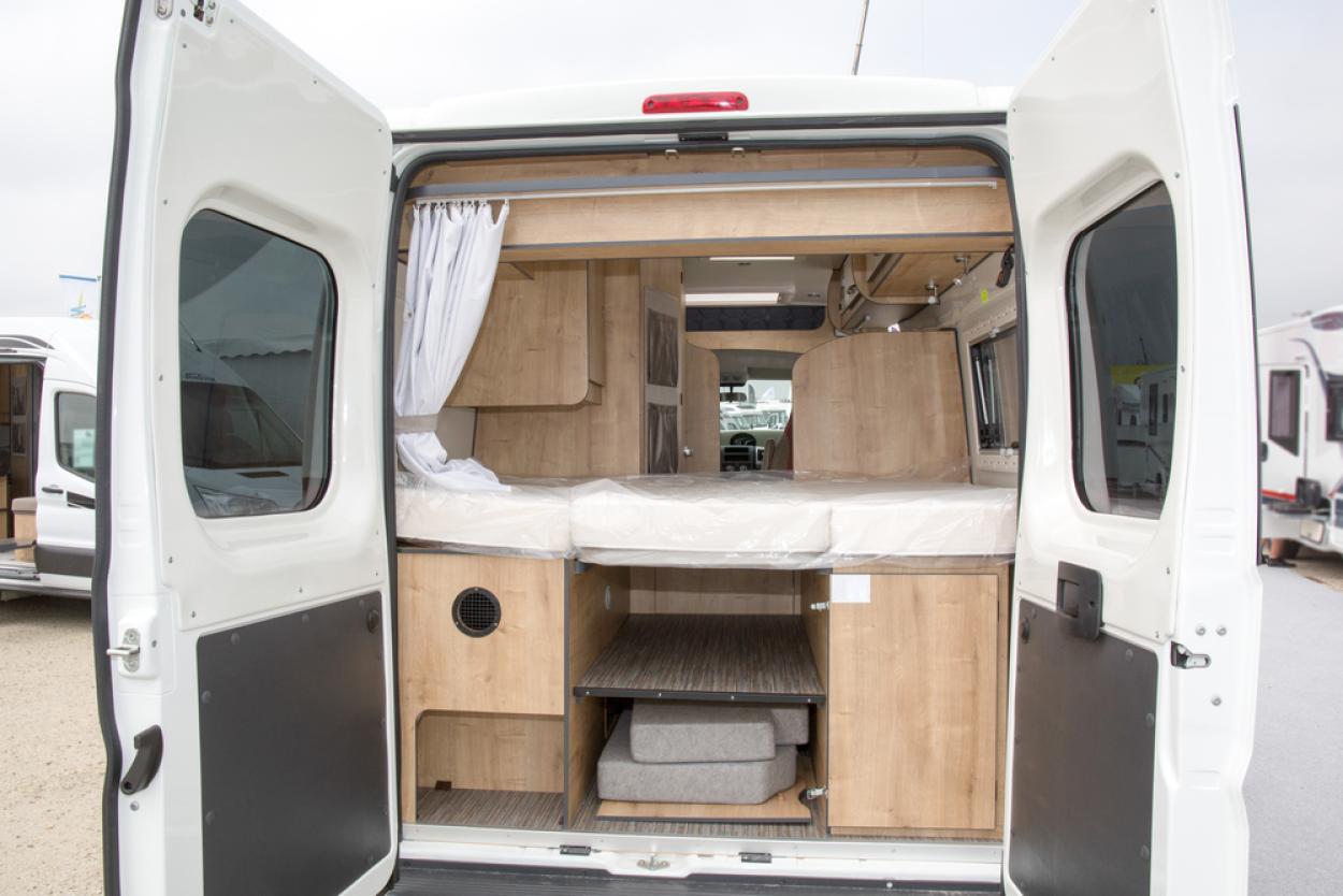 Inside of a campervan showing storage