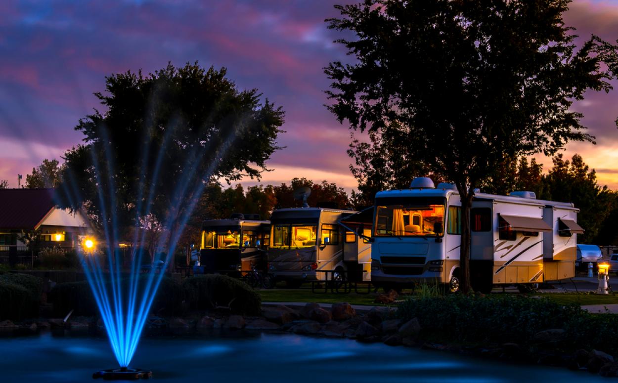 RV campground illuminated at night