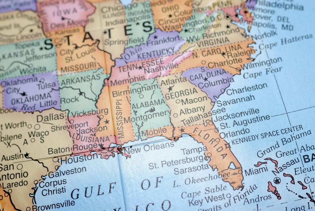 Closeup of a map showing the Southeastern USA