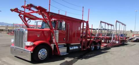 Red car hauler without any cars on it