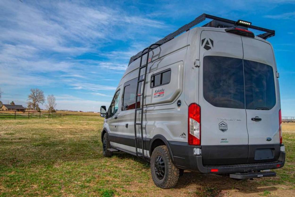 Exterior rear view of the roof rack on a 2022 Antero Kakadu RV