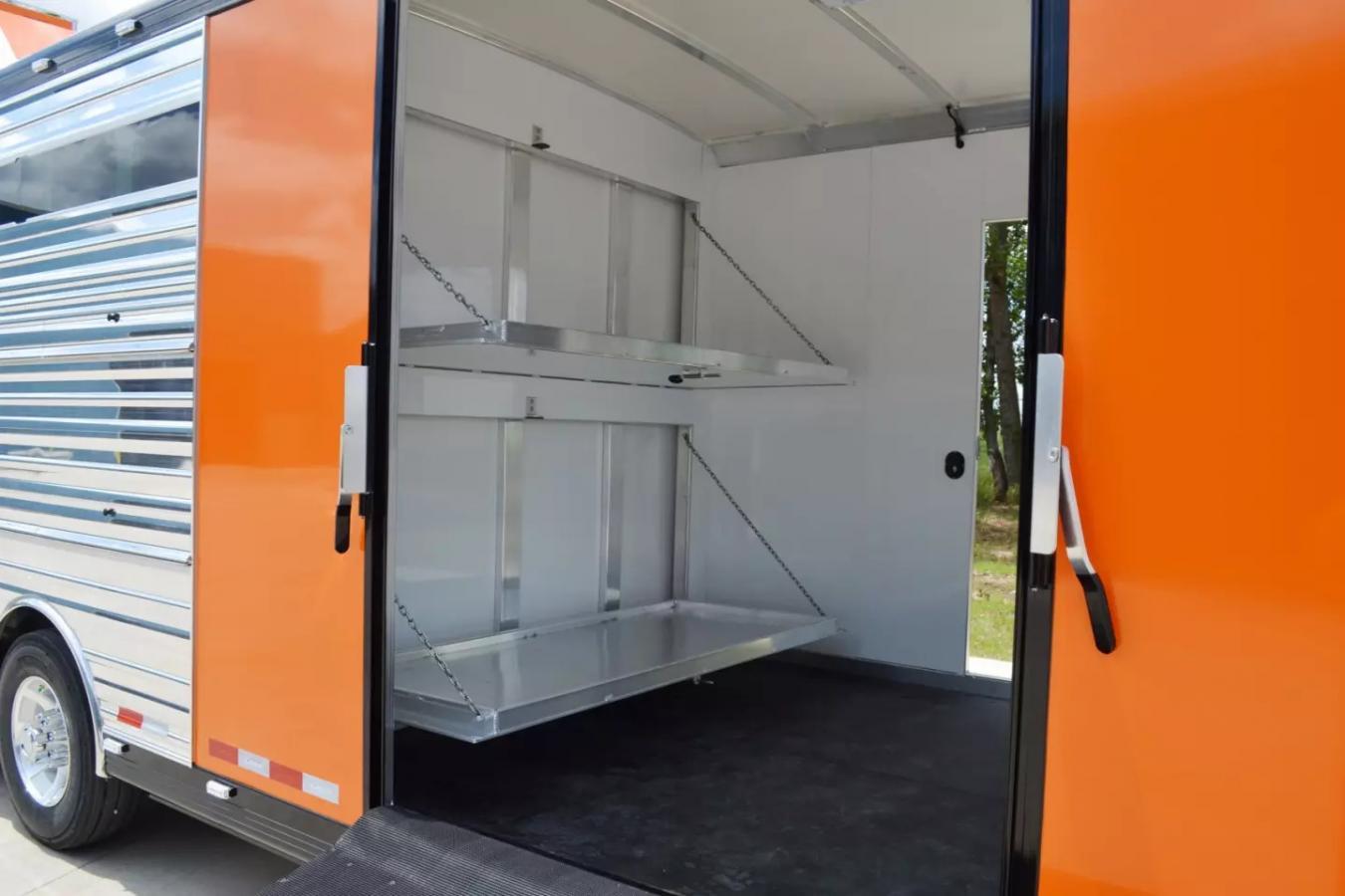 Storage racks inside of a Cimarron Trailer