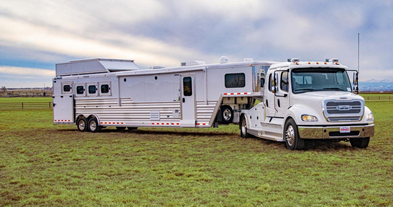 Outside of a horse trailer hitched to a truck