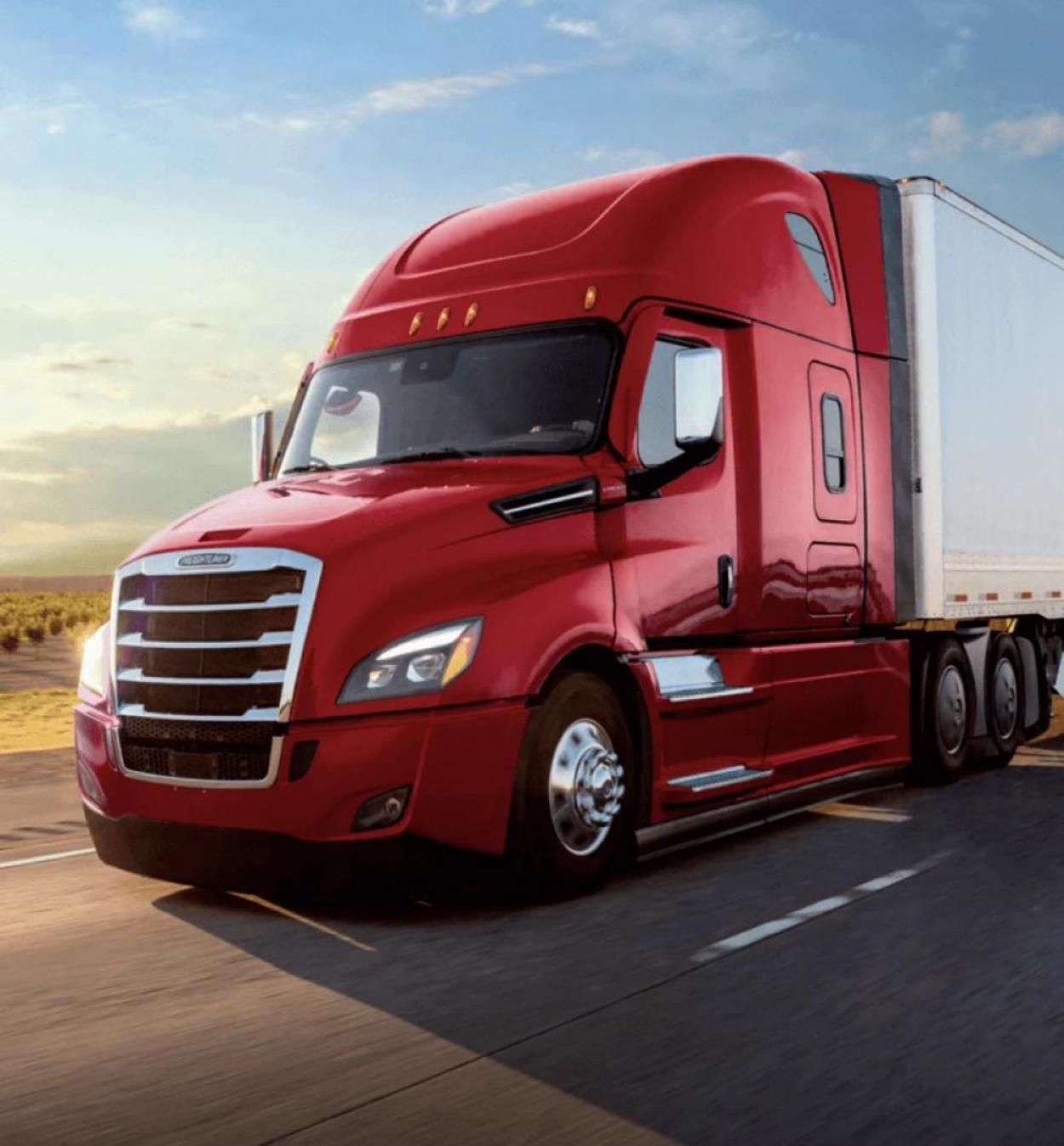 A red 18-wheeler with a white trailer